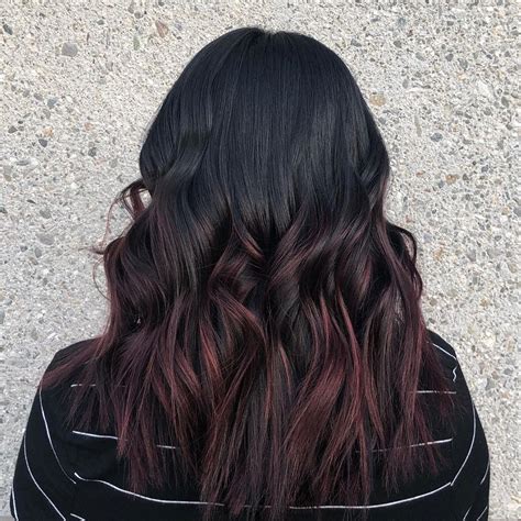 black hair silver balayage|burgundy balayage on black hair.